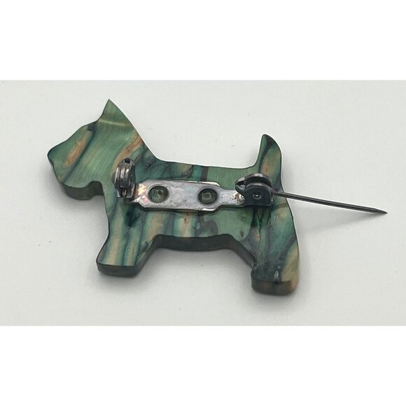 Heather Gems Scottish Terrier Dog Brooch Marbled Green & Brown Handmade Pin Jewe - Picture 5 of 6